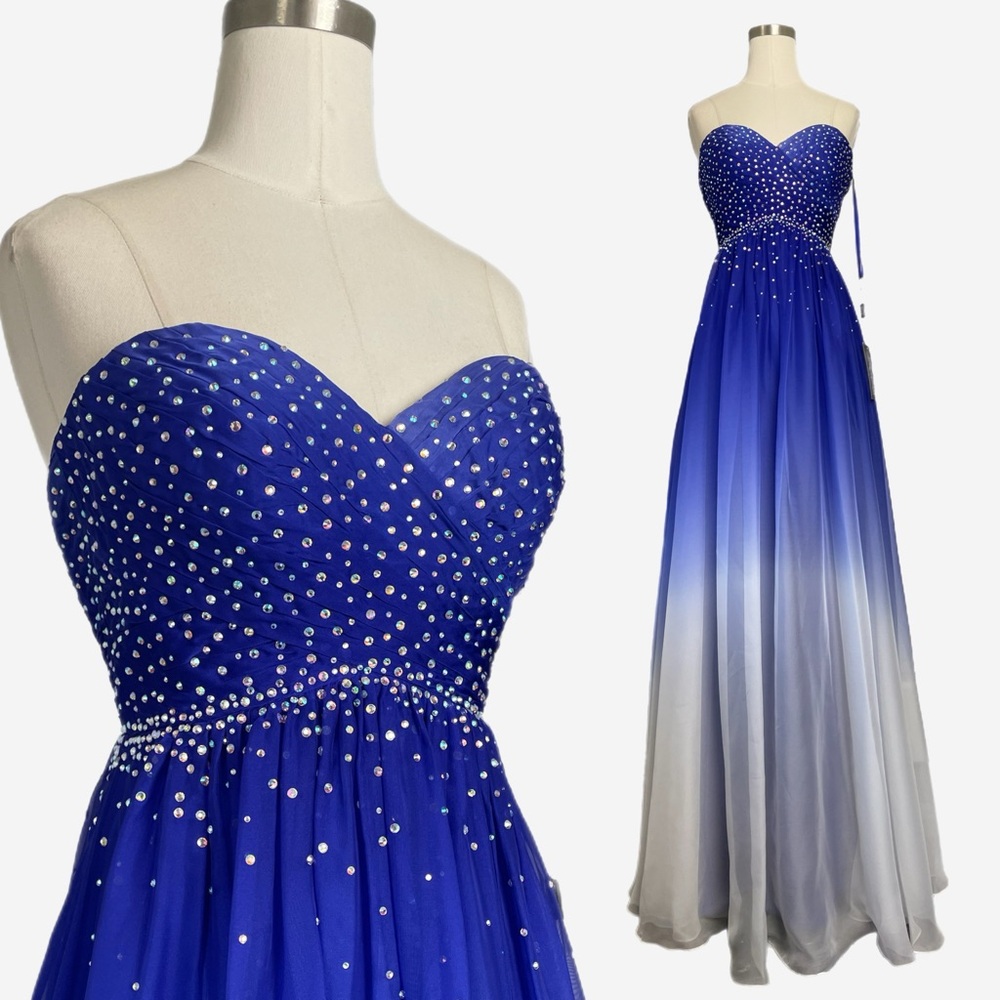 La Femme NWT Blue white ombre strapless rhinestone chiffon formal gown *flaw* 0